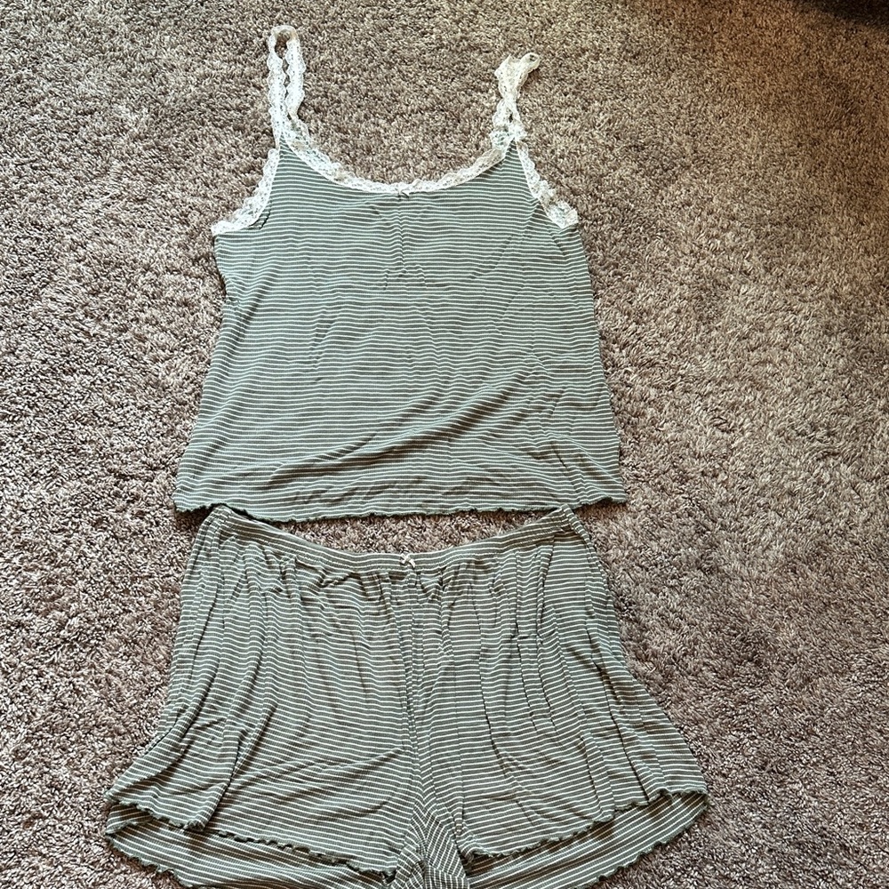 Aerie Green Striped Pajama Set with Lace Trim Women Large